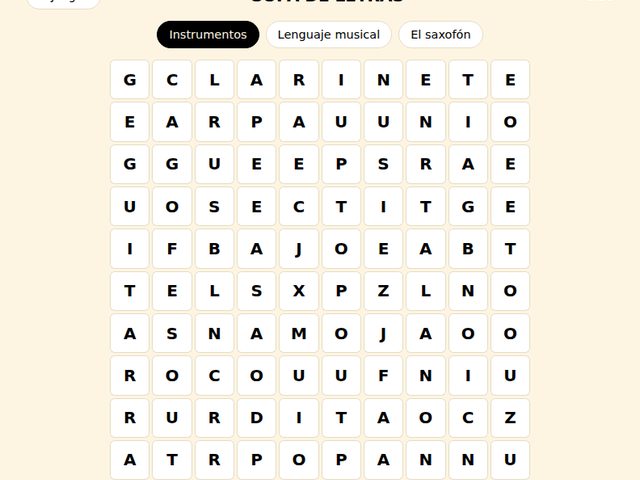 Sopa de letras, juego musical